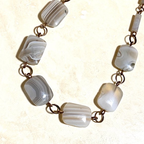 Geometric Botswana Agate Necklace, Rustic Genuine Gemstone Copper Link Necklace - Picture 2 of 11